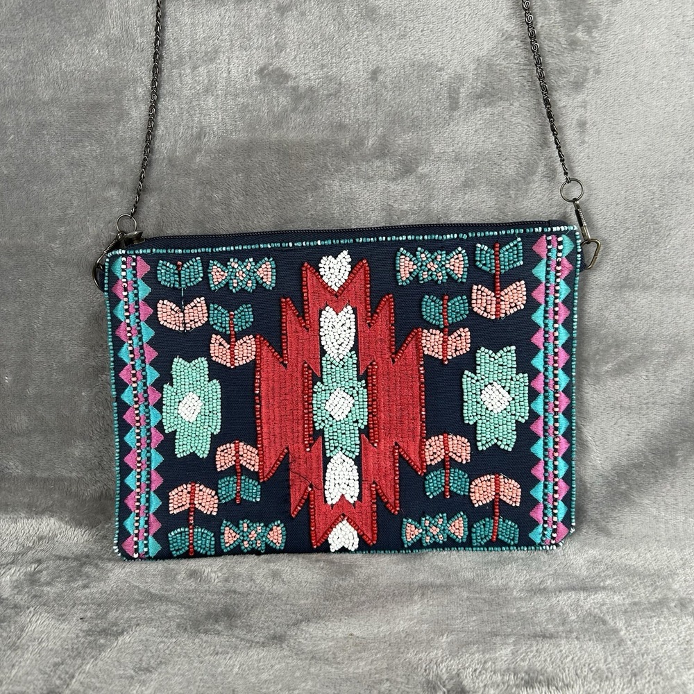 STEVEN By Steve Madden Beaded Aztec Front Blue Pink Clutch Zip Purse